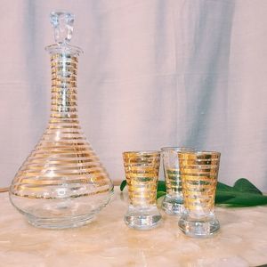 Vintage Gold Striped Glass Decanter Set with Liquor Glasses and Stopper